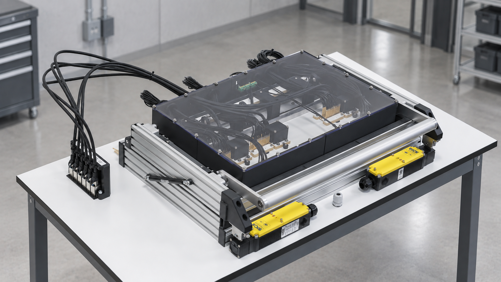 IDL test fixture with touch protection and redundant safety interlocks