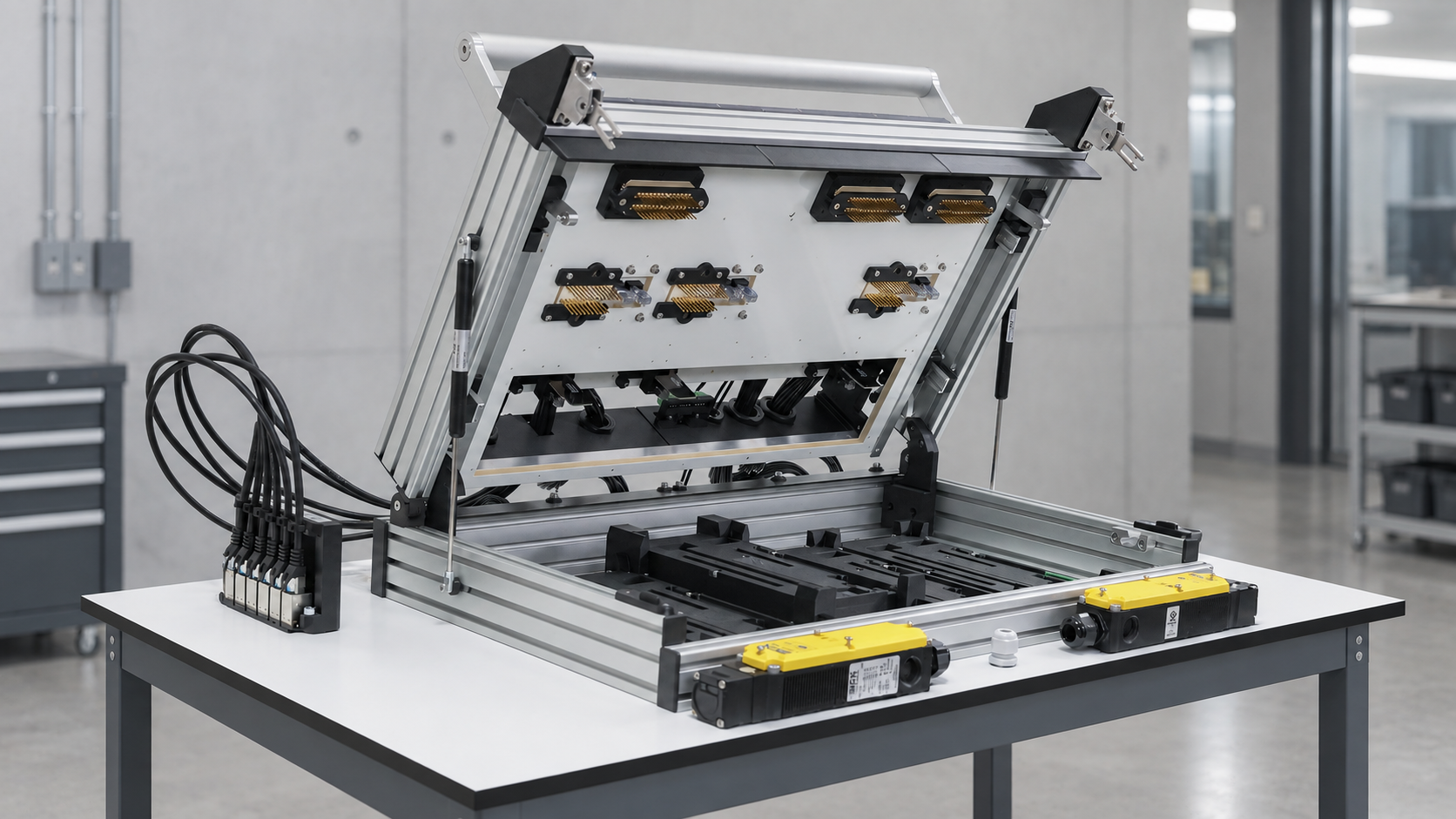 Complex IDL test fixture with floating probe plates for top and bottom contacting